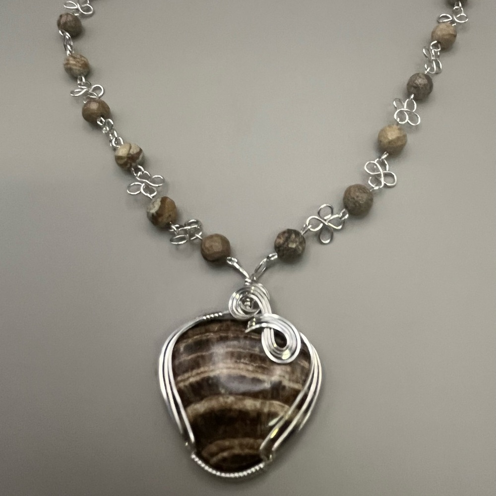 Brown and Silver Heart Pendant Necklace with Artistic Sterling Silver Wire Wrap